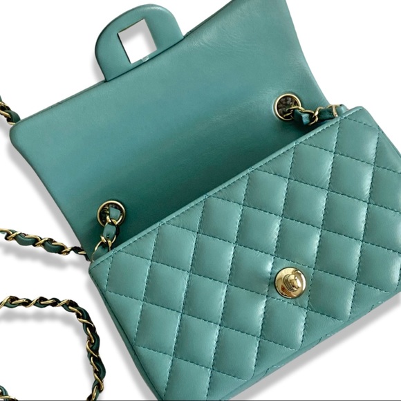 FULL SET - CHANEL Mini Classic Handbag (Blue / Turquoise with Champagne Gold HW) - Picture 7 of 13